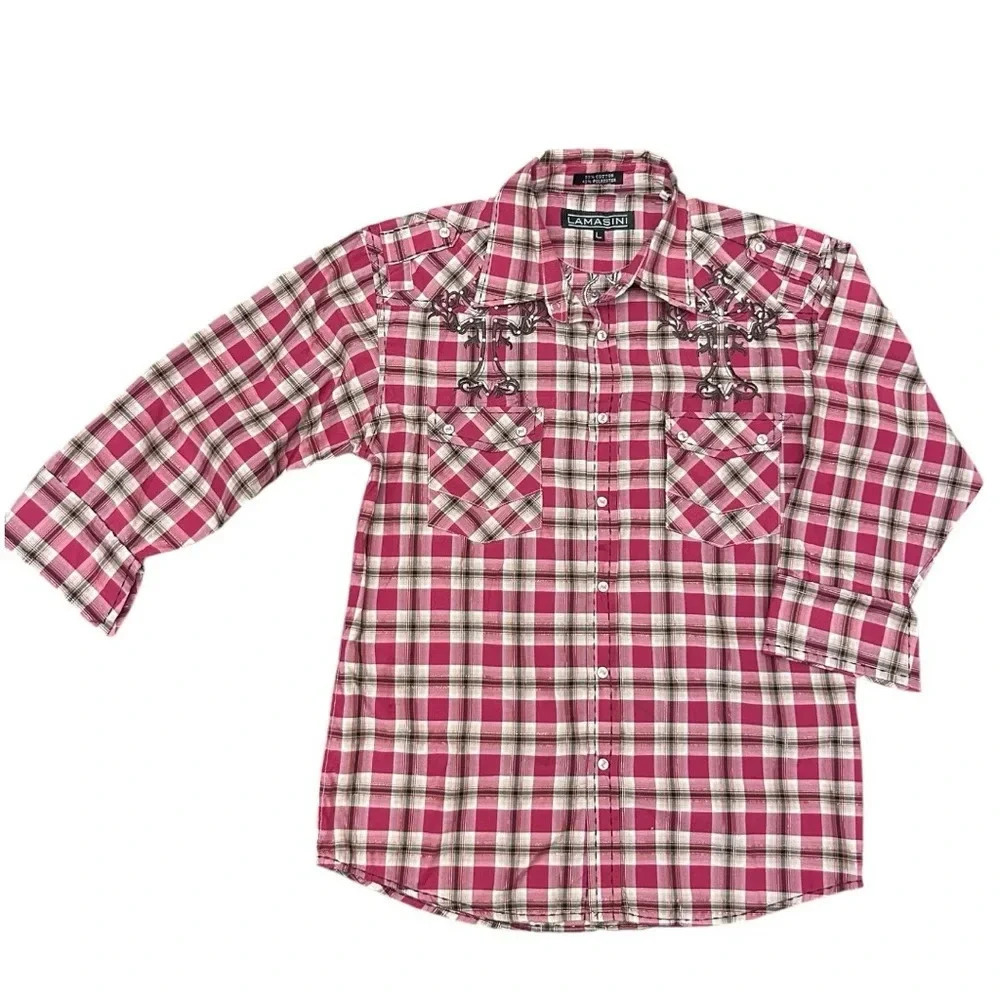 Lamasini Cowgirl Western Plaid Button Up Shirt Size L Embellished Embroidered